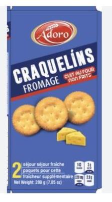 B01896-OU : Adoro B01896-OU : Confiseries - Croustilles  - Craquelins Cheddar ADORO ,CRAQUELINS CHEDDAR,24 x 200G